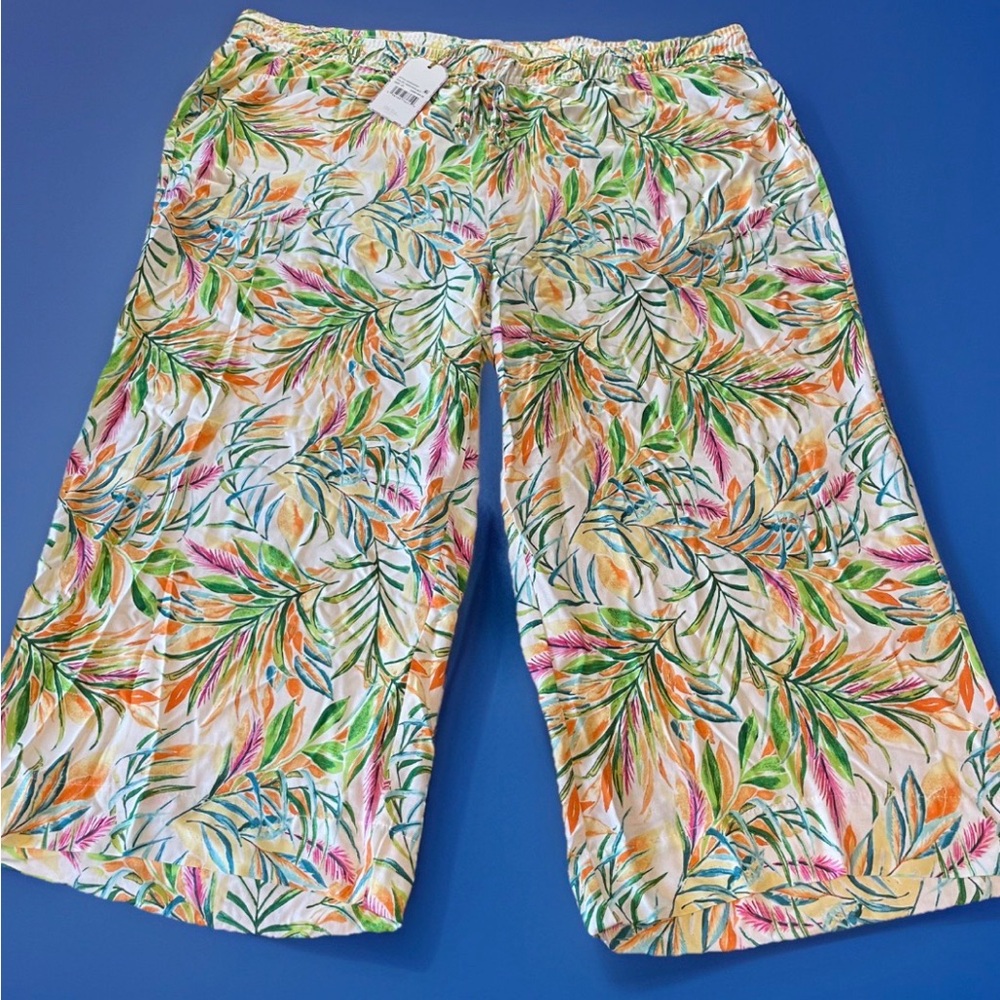 NWT Stella Parker Palazzo Drawstring Cropped Lounge Pants Tropical Sz 1X